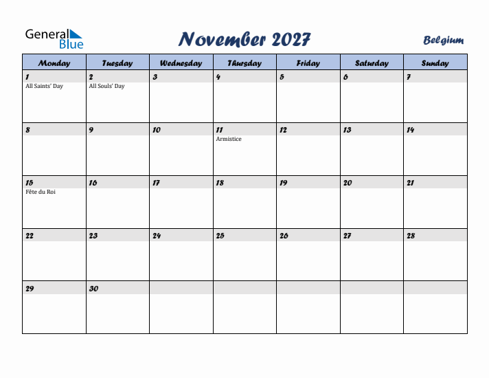 November 2027 Calendar with Holidays in Belgium