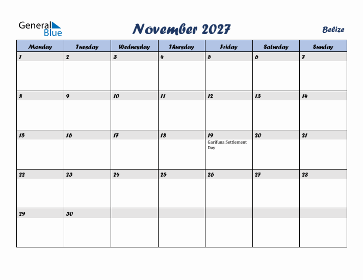 November 2027 Calendar with Holidays in Belize