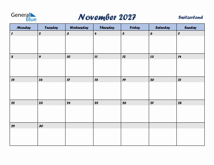 November 2027 Calendar with Holidays in Switzerland