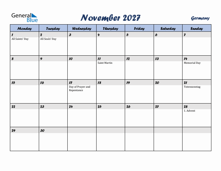 November 2027 Calendar with Holidays in Germany