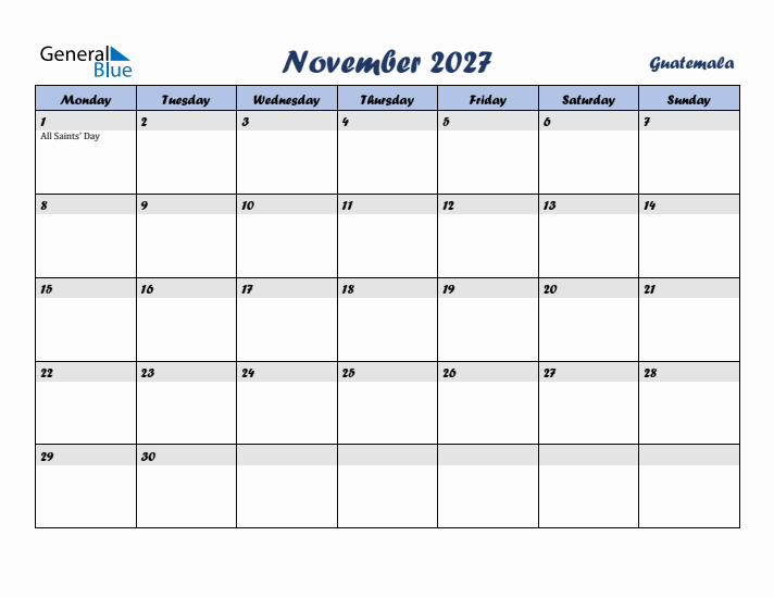 November 2027 Calendar with Holidays in Guatemala