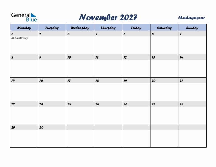 November 2027 Calendar with Holidays in Madagascar