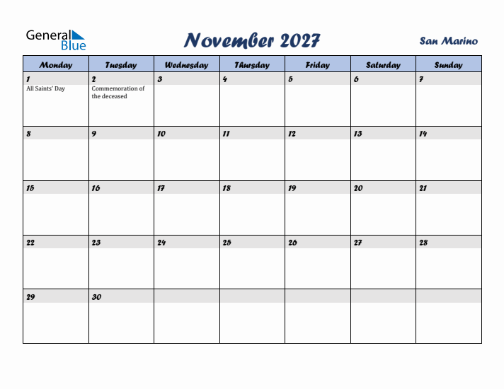 November 2027 Calendar with Holidays in San Marino