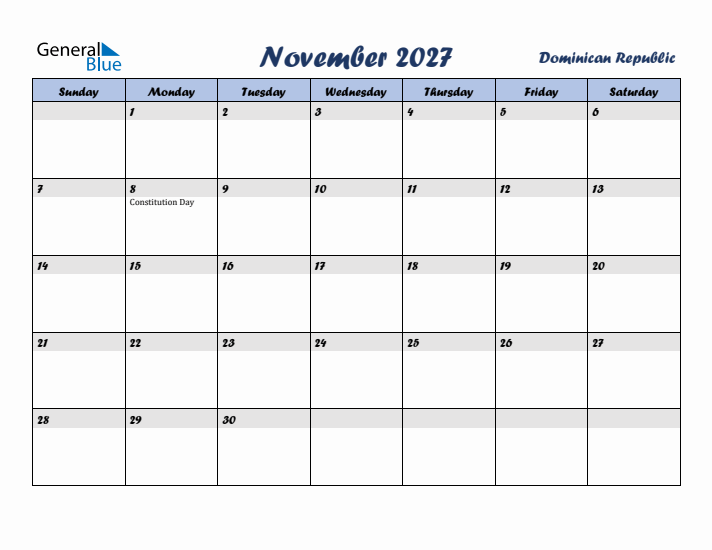 November 2027 Calendar with Holidays in Dominican Republic