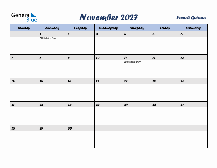 November 2027 Calendar with Holidays in French Guiana