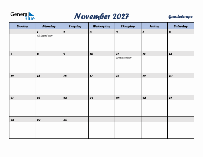 November 2027 Calendar with Holidays in Guadeloupe