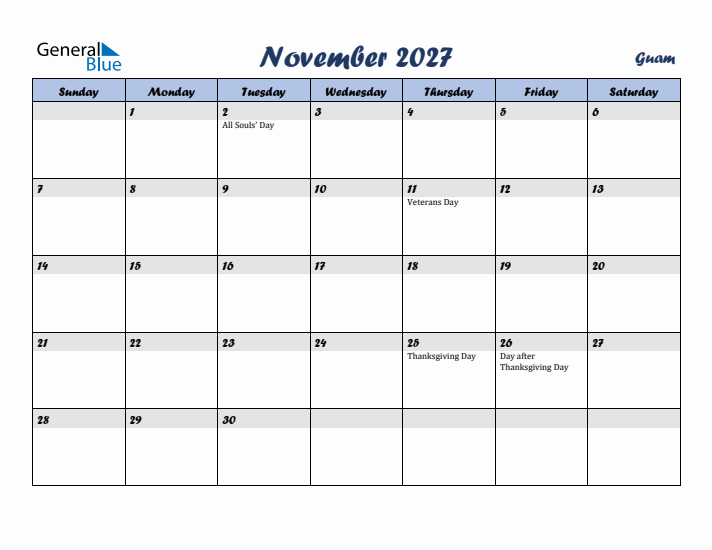 November 2027 Calendar with Holidays in Guam