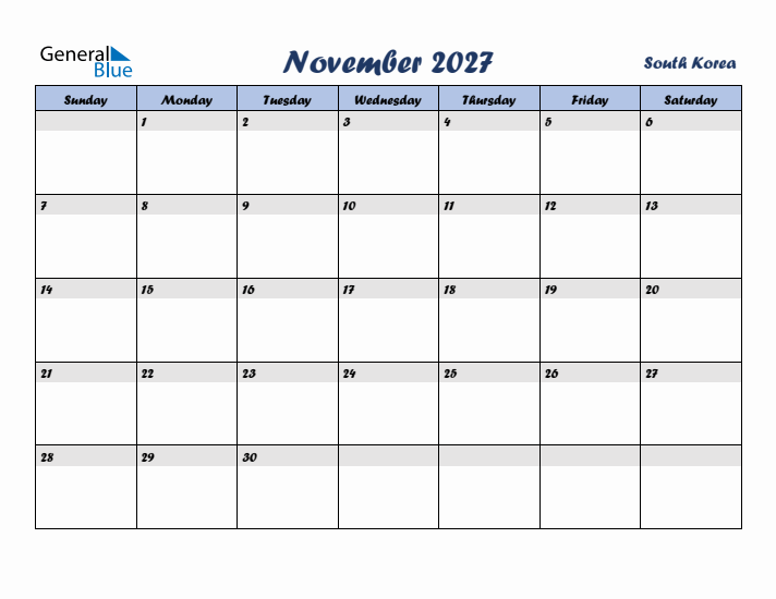 November 2027 Calendar with Holidays in South Korea