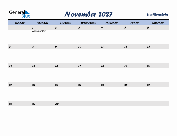 November 2027 Calendar with Holidays in Liechtenstein