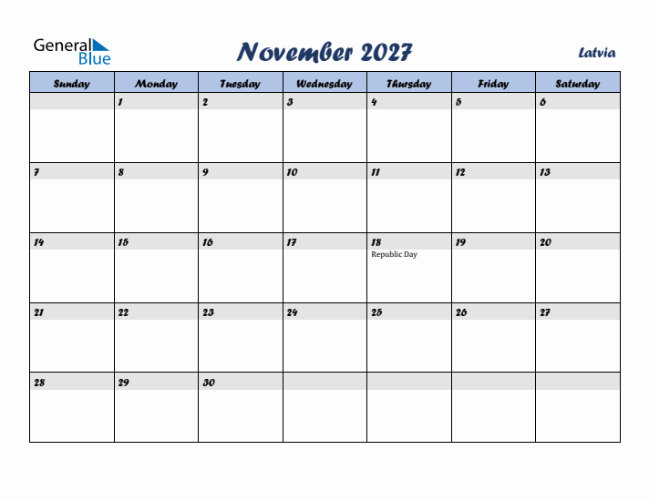 November 2027 Calendar with Holidays in Latvia