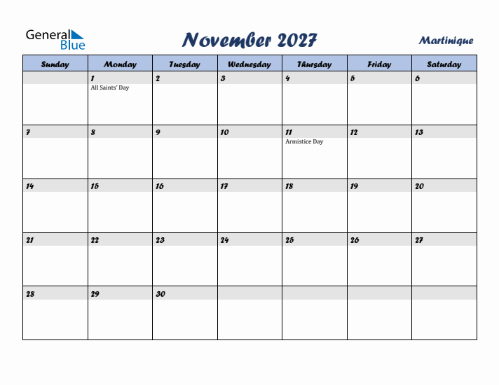 November 2027 Calendar with Holidays in Martinique