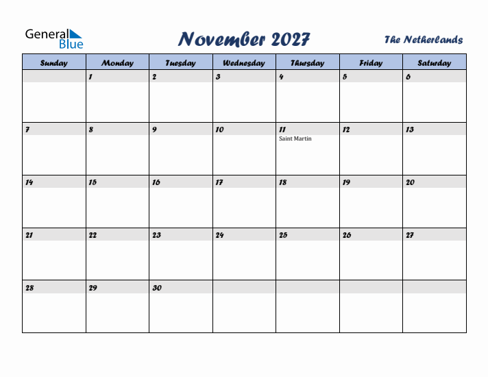 November 2027 Calendar with Holidays in The Netherlands