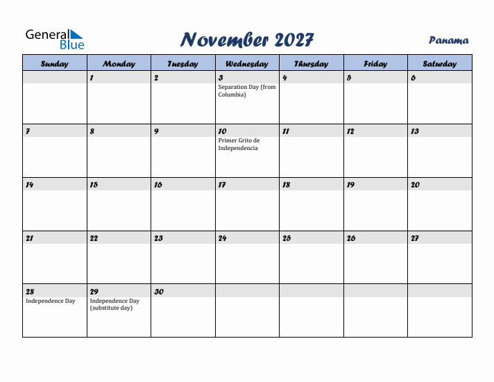 November 2027 Calendar with Holidays in Panama