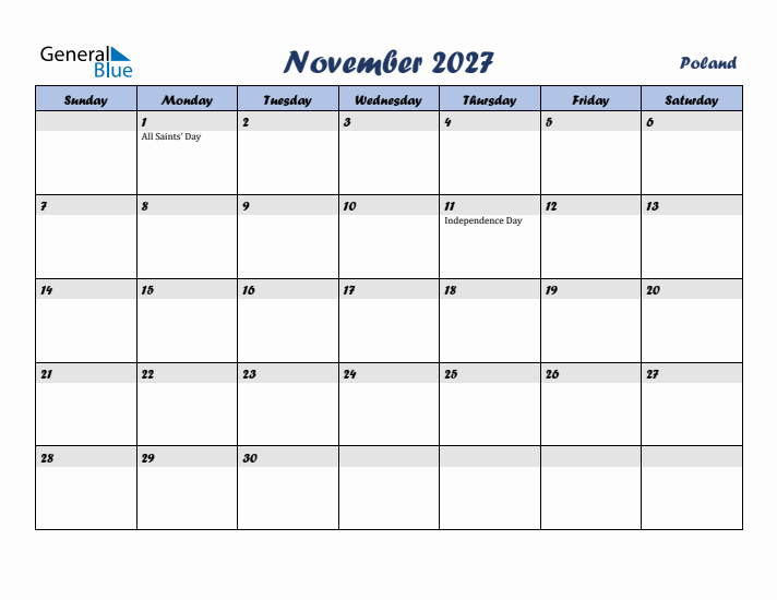 November 2027 Calendar with Holidays in Poland