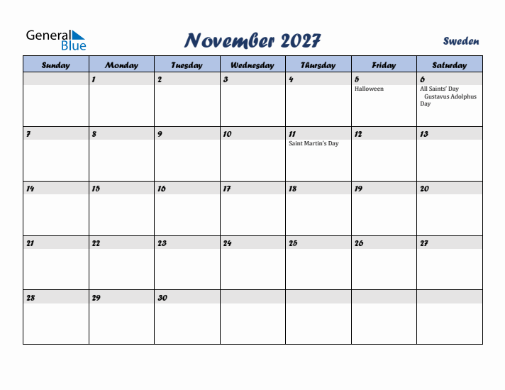 November 2027 Calendar with Holidays in Sweden