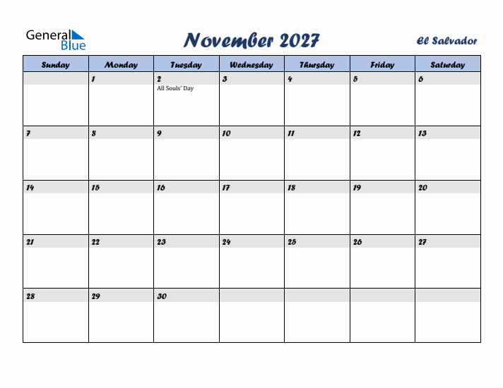 November 2027 Calendar with Holidays in El Salvador