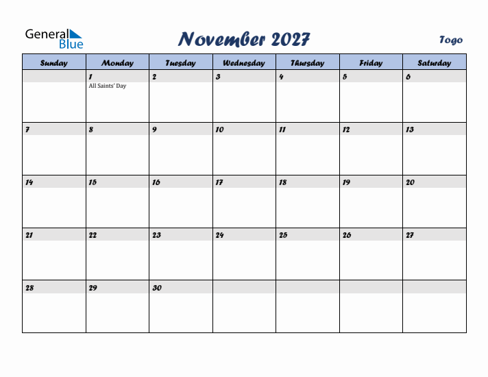 November 2027 Calendar with Holidays in Togo