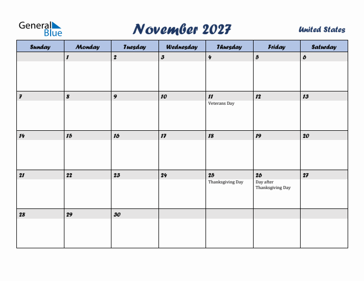 November 2027 Calendar with Holidays in United States