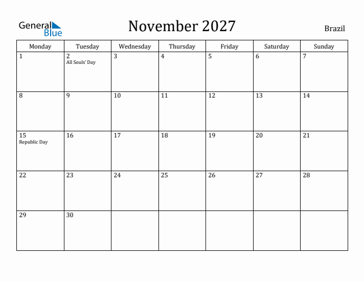 November 2027 Calendar Brazil