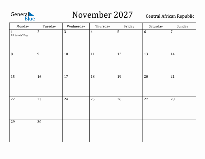 November 2027 Calendar Central African Republic