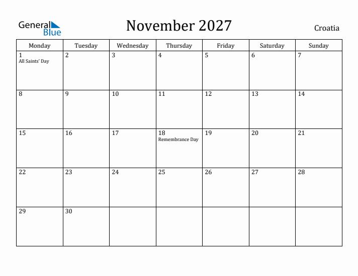 November 2027 Calendar Croatia