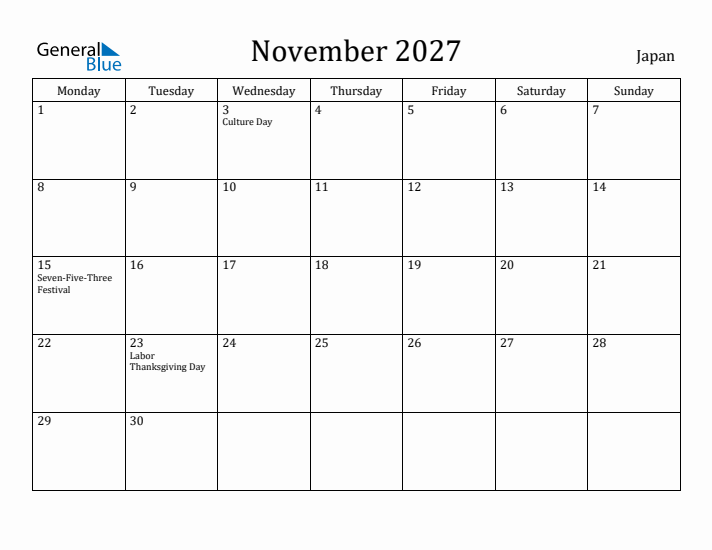 November 2027 Calendar Japan