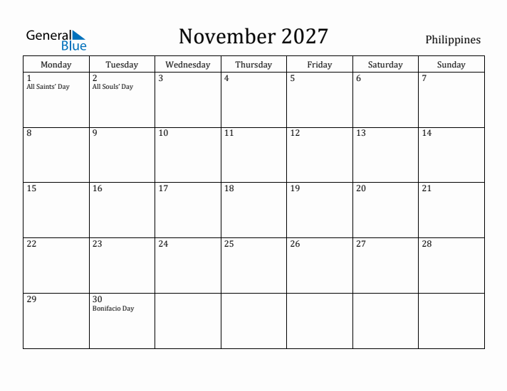 November 2027 Calendar Philippines