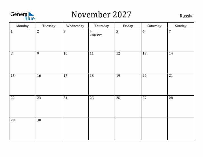 November 2027 Calendar Russia