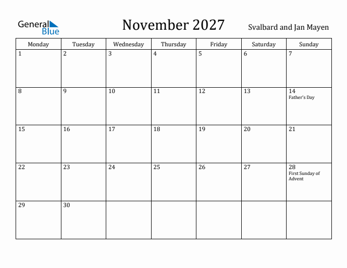 November 2027 Calendar Svalbard and Jan Mayen