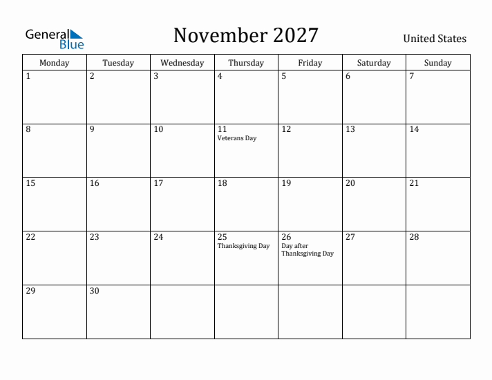 November 2027 Calendar United States