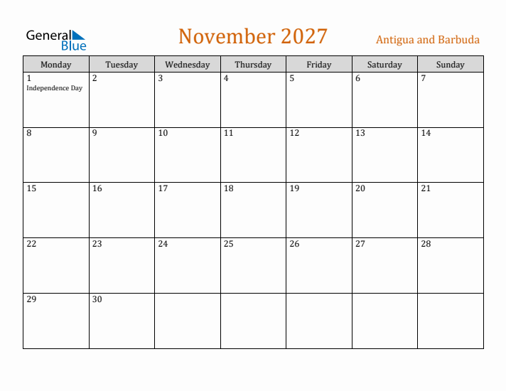 November 2027 Holiday Calendar with Monday Start