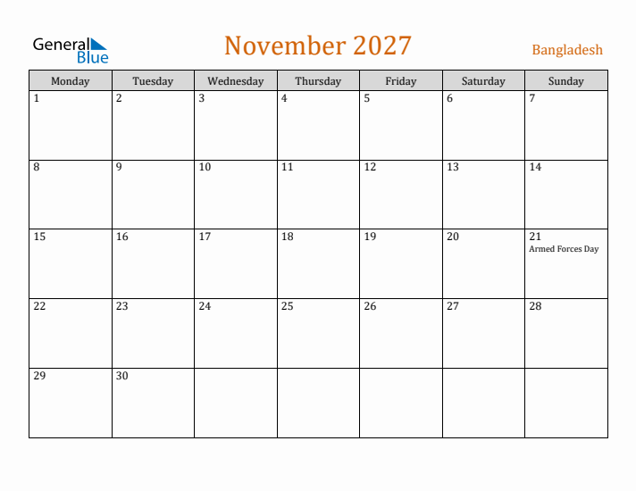 November 2027 Holiday Calendar with Monday Start