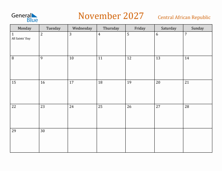 November 2027 Holiday Calendar with Monday Start