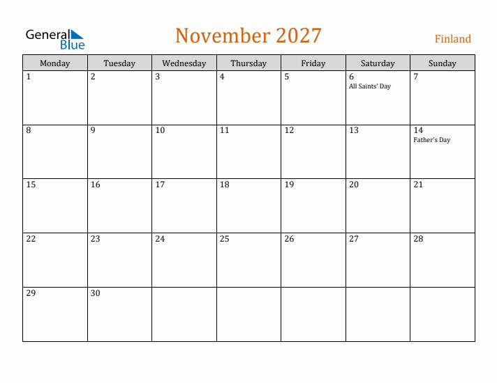 November 2027 Holiday Calendar with Monday Start