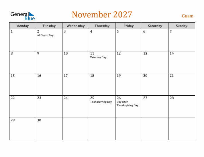 November 2027 Holiday Calendar with Monday Start