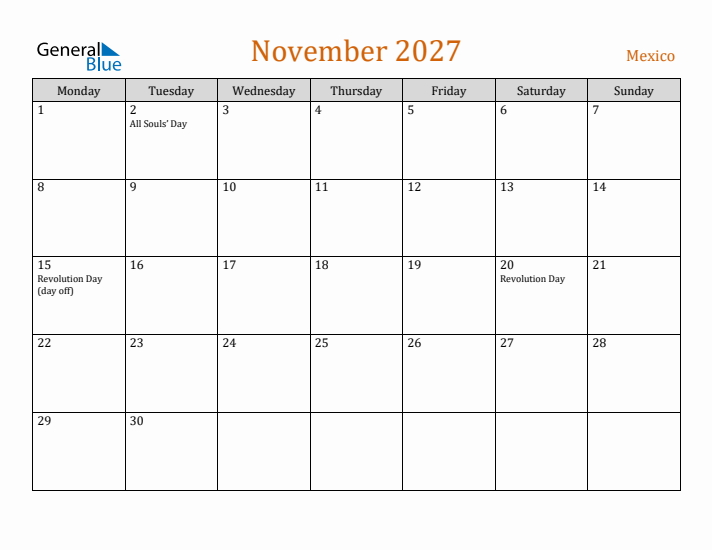 November 2027 Holiday Calendar with Monday Start