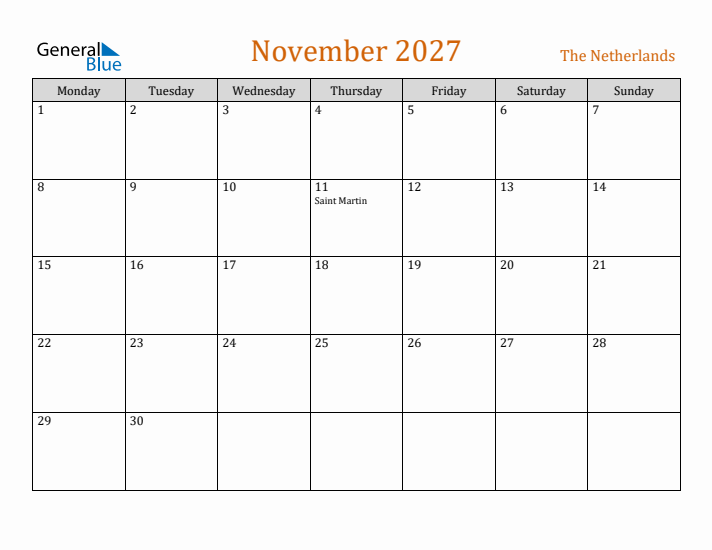 November 2027 Holiday Calendar with Monday Start