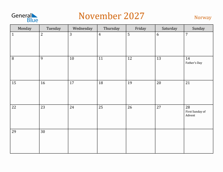 November 2027 Holiday Calendar with Monday Start