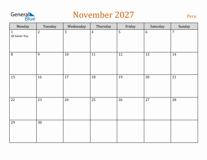 November 2027 Holiday Calendar with Monday Start