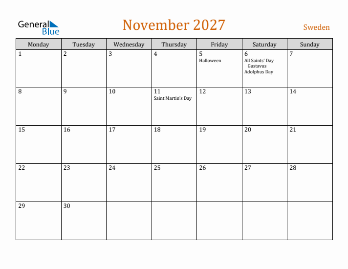 November 2027 Holiday Calendar with Monday Start