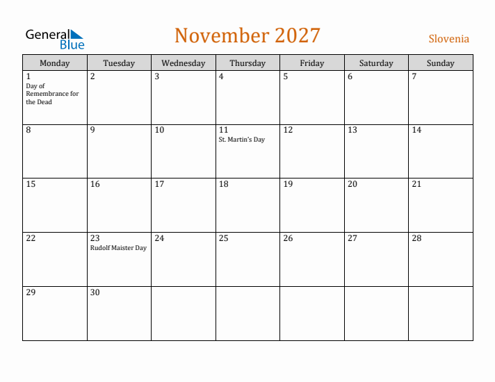 November 2027 Holiday Calendar with Monday Start