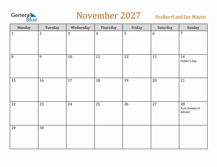 November 2027 Holiday Calendar with Monday Start