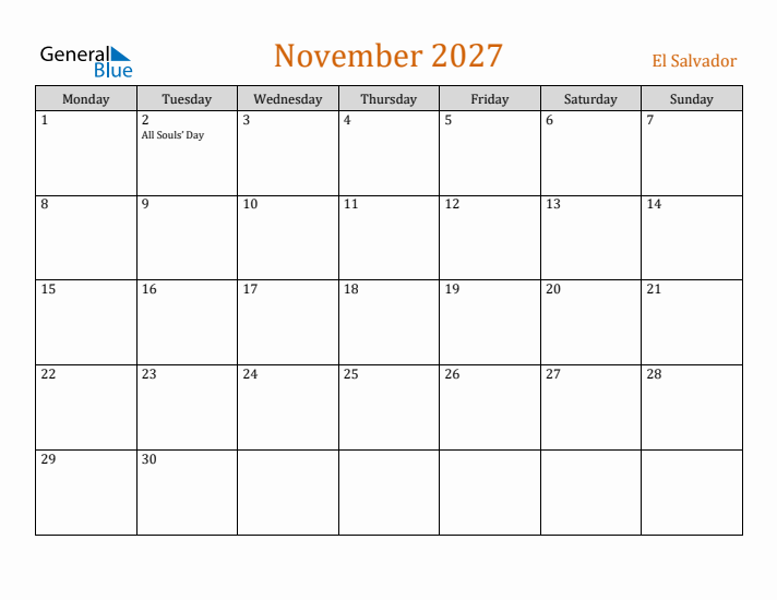 November 2027 Holiday Calendar with Monday Start