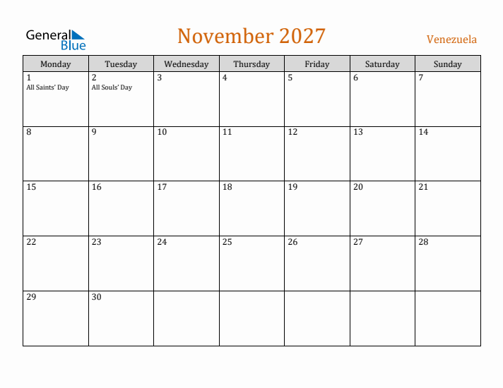 November 2027 Holiday Calendar with Monday Start