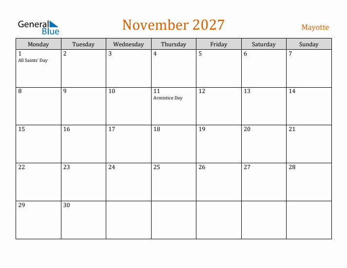 November 2027 Holiday Calendar with Monday Start