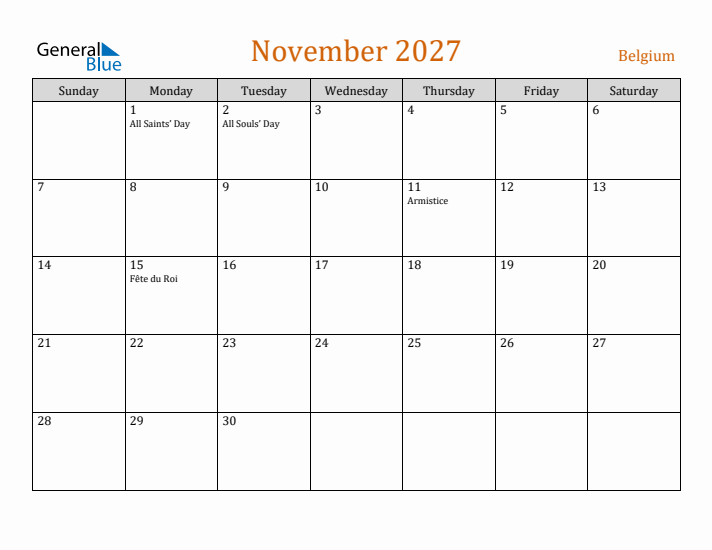 November 2027 Holiday Calendar with Sunday Start