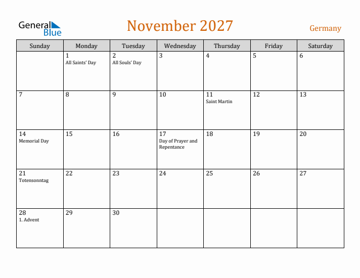 November 2027 Holiday Calendar with Sunday Start