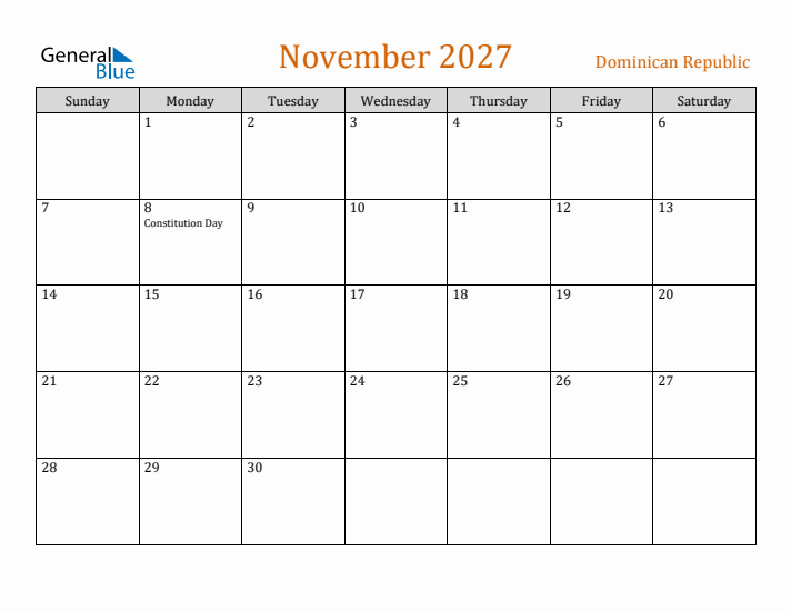 November 2027 Holiday Calendar with Sunday Start