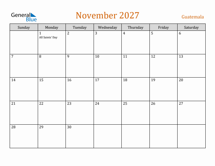 November 2027 Holiday Calendar with Sunday Start