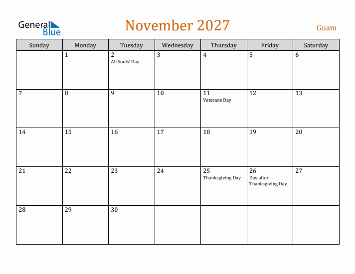 November 2027 Holiday Calendar with Sunday Start